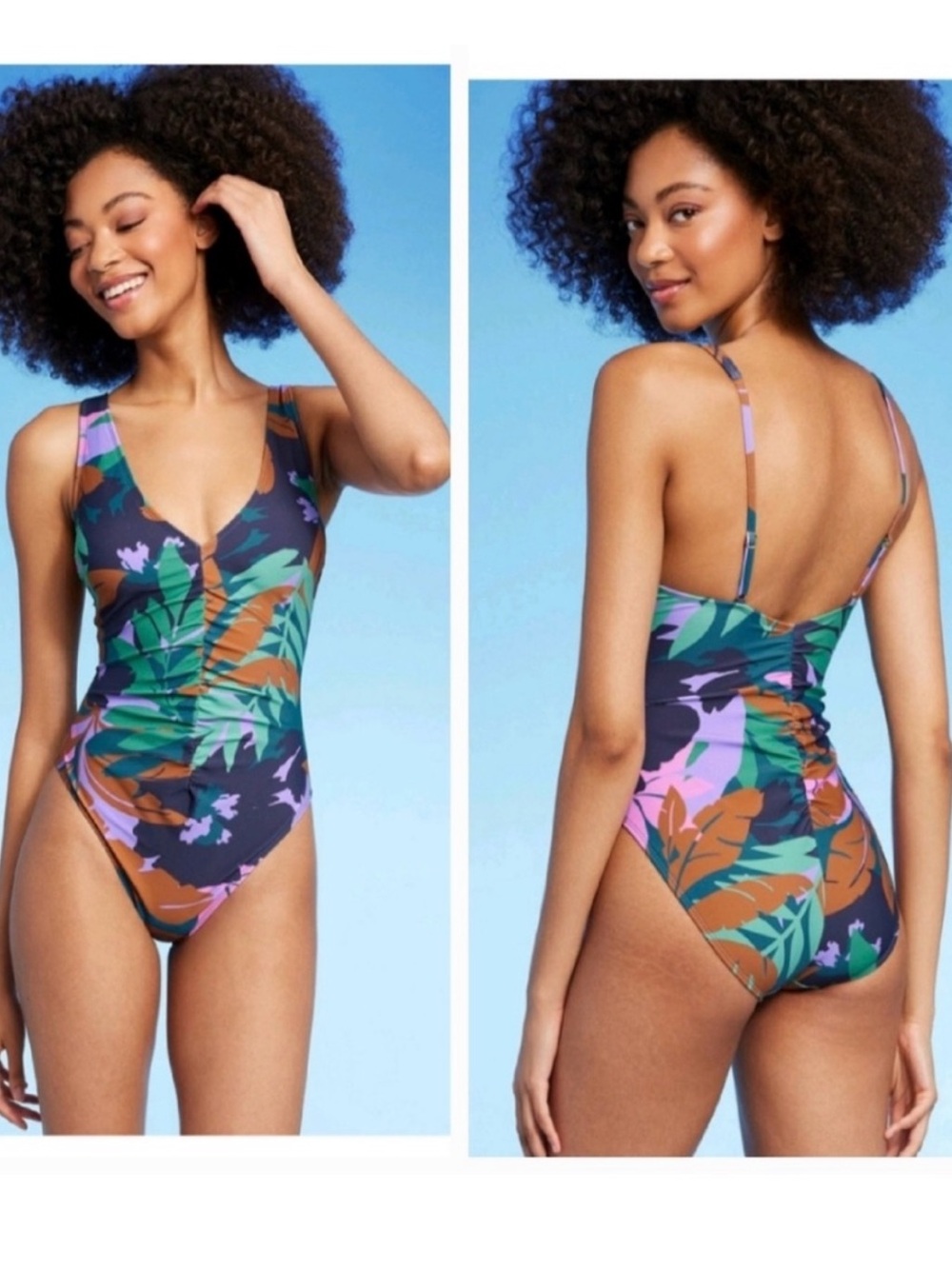 Shade & Shore Women's Shirred Plunge One Piece Swimsuit Floral Print XS 0-2 NWT